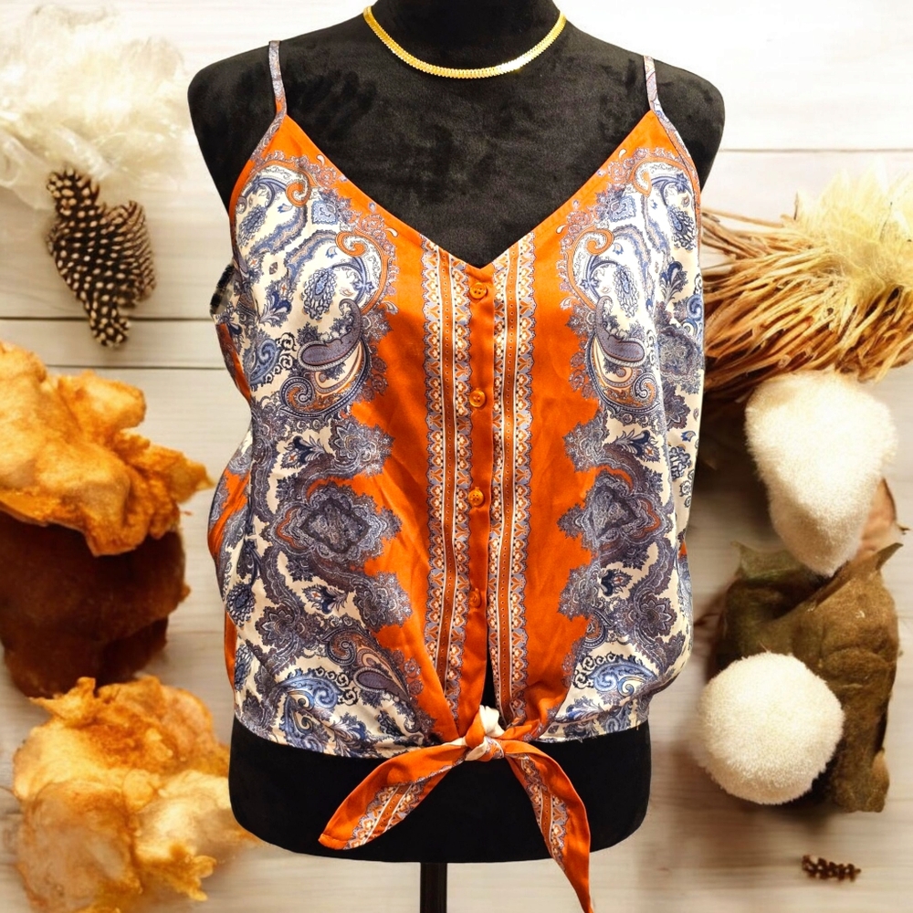 H&M Orange And Blue Paisley Cami With Handkerchief Tie Hem Sz 12
